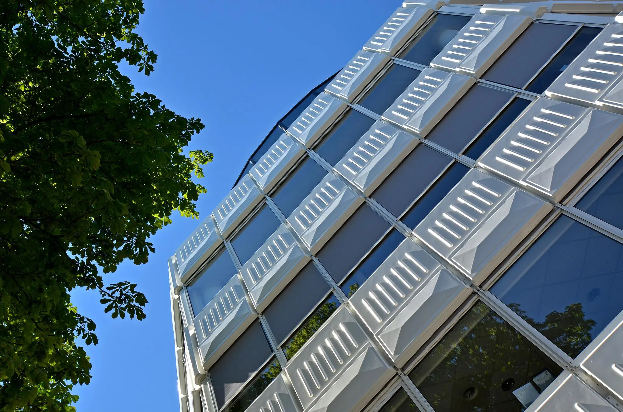 Modern kantoorgebouw aan de 1e Hogeweg met opvallende gevelbekleding en zonwering, gezien vanaf straatniveau met een boom op de voorgrond.